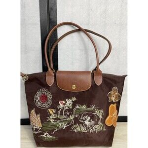 Longchamp Brown Tote with Embroidered Design